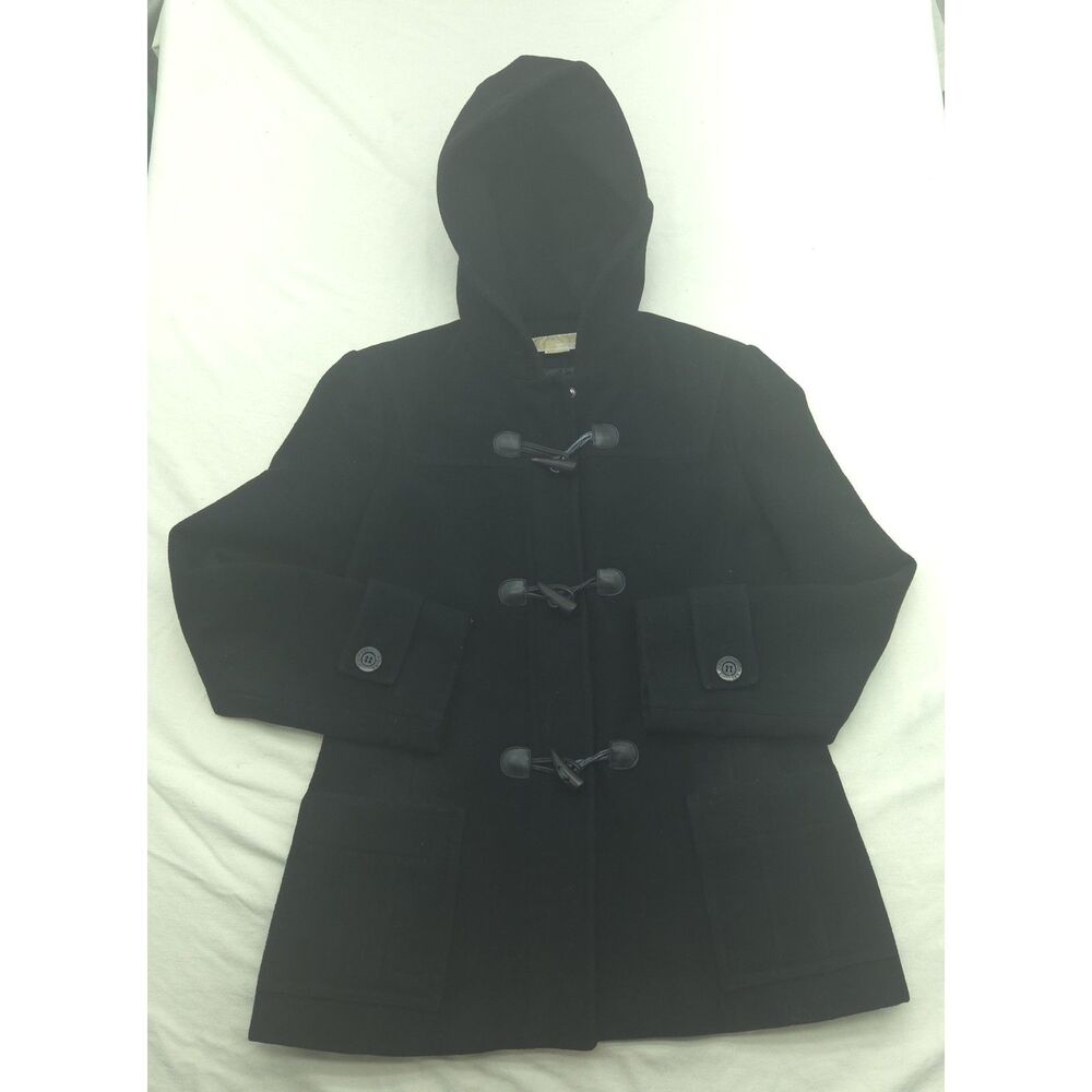 Michael Kors Womens M Black Wool Blend Hooded Duffle Coat Toggle Jacket